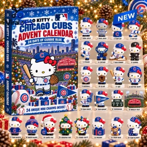 Front view of a 2026 Chicago Cubs advent calendar box with 24 small character figurines displayed on a tiered stand.
