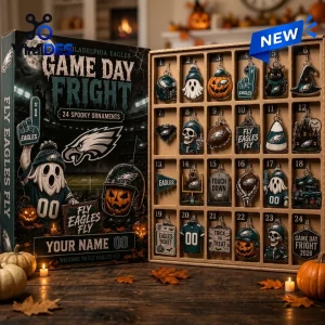 Open Philadelphia Eagles Halloween 2026 Advent Calendar containing twenty-four numbered holiday ornaments.