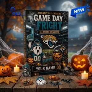 Front view of Jacksonville Jaguars Halloween advent calendar box with spooky ornaments on wood table.