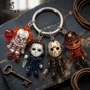 Personalized Horror Movie Characters Crystal Figurine Keychain featuring Pennywise, Michael Myers, Jason, and Freddy.