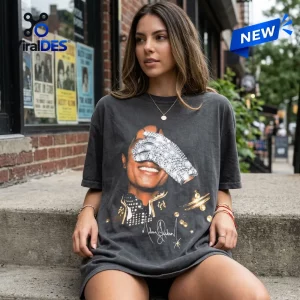 Michael Jackson Bad World Tour charcoal grey shirt featuring a graphic print of his face and signature sequin glove.