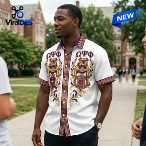 Man wearing an Omega Psi Phi Fraternity Bulldog Hawaiian shirt with white base and gold and purple graphic patterns.