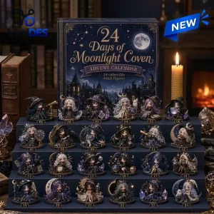 Front view of Moonlight Coven Witch Advent Calendar displayed with twenty four numbered witch figures.