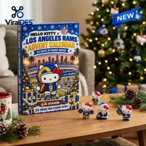 Front view of a Los Angeles Rams advent calendar box with mini character figurines displayed on a wooden table.