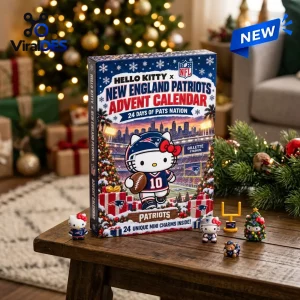 Front view of a New England Patriots Hello Kitty advent calendar with small character figurines on a wooden table.