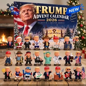 Front view of Trump Advent Calendar 2026 showing 24 numbered holiday figurines displayed on shelves.