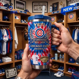 Close-up of a Chicago Cubs 156th Anniversary Stanley Tumbler featuring red and blue tie-dye patterns in a locker room.