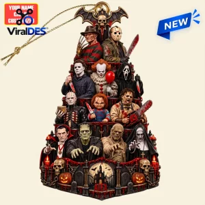 Horror Movie Halloween Acrylic Ornament 2026 featuring stacked iconic slashers and monsters on a graveyard base.