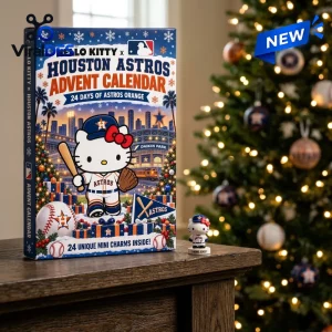 Front view of a 2026 Houston Astros advent calendar with a holiday themed illustration sitting on a wooden surface.