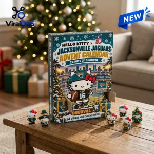 Front view of Hello Kitty x Jacksonville Jaguars advent calendar with miniature figurines displayed on a wooden table.