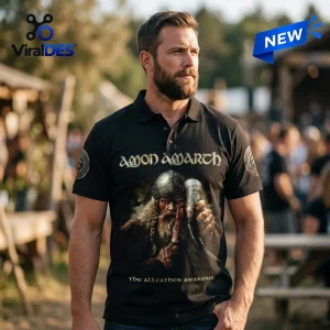 Amon Amarth The Allfather Awakens 2026 Tour polo shirt features a bearded viking graphic on a black cotton material.