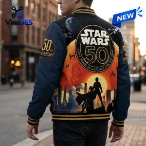 Back view of the Star Wars 50th Anniversary Darth Vader Baseball Jacket featuring a graphic back print.