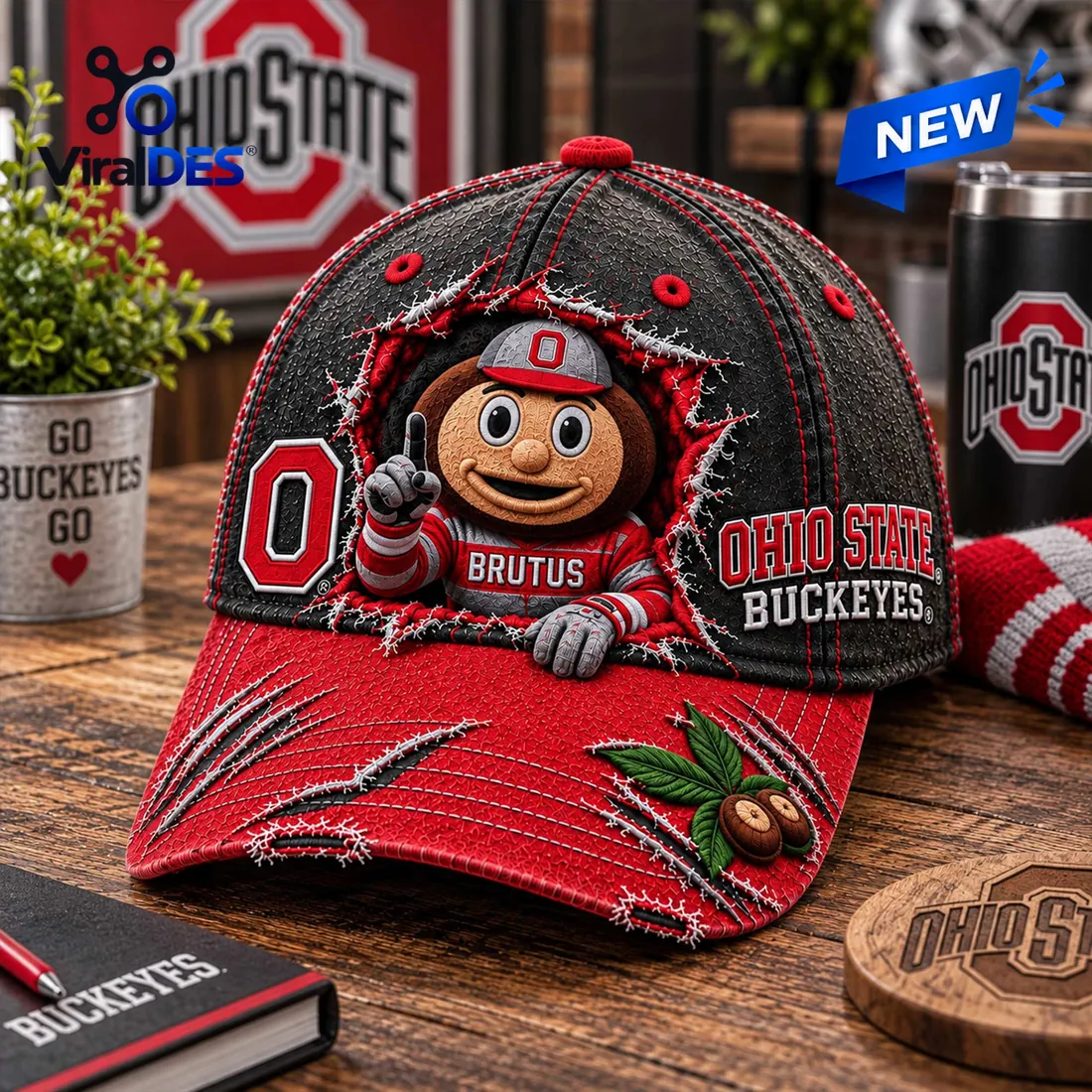 Ohio State Buckeyes Brutus Mascot Distressed Baseball Cap Ohio State Buckeyes Brutus Mascot Distressed Baseball Cap