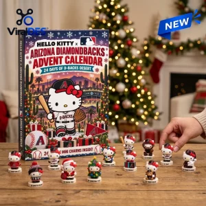 Front view of Hello Kitty x Arizona Diamondbacks 2026 Advent Calendar box with mini figurines displayed on a table.