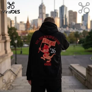 San Francisco 49ers Australia 2026 Kangaroo Mascot Hoodie featuring a red kangaroo graphic on a black cotton background.