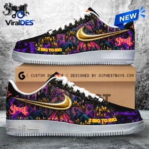 Ghost Band 2 Big To Rig Air Force 1 sneaker featuring gothic stained glass art, gold swoosh, and vibrant purple accents.