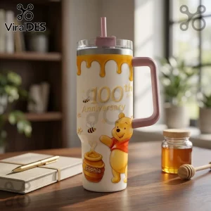 Winnie the Pooh 100th Anniversary Honey Pot 40oz Tumbler featuring dripping yellow honey, bees, and a custom name label.