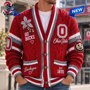 Ohio State Buckeyes Knit Button Ugly Cardigan in red with gray stripes, Brutus Buckeye patch, and embroidered team logos.