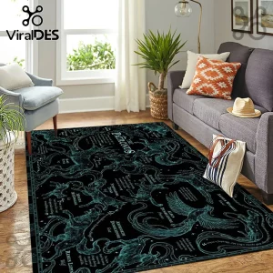 Harry Potter Patronus Charm Rectangular Area Rug featuring teal magical light designs on a black background in a living room.