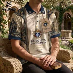 Knights of Columbus Heritage Polo Shirt with cream base, blue accents, knight illustrations, and religious iconography.
