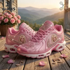 Dolly Parton Pink Rhinestone Air Max Plus Sport Shoes featuring rhinestoned butterflies, Dolly portraits, and pink leather.