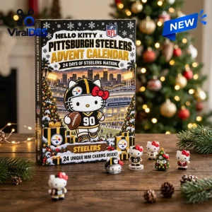 Front view of Hello Kitty x Pittsburgh Steelers Advent Calendar box with small figurine accessories on a wooden table.