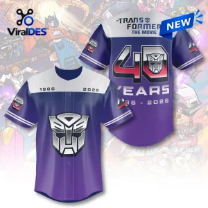 Front and back view of a purple Transformers 40th Anniversary Baseball Jersey with white accents and graphic prints.