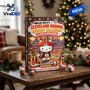 Front view of Hello Kitty x Cleveland Browns advent calendar box with small character figures on a table.