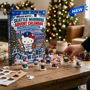 Front view of Hello Kitty x Seattle Mariners Christmas Advent Calendar with miniature figurines on a table.