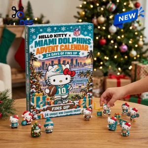 Front view of Hello Kitty x Miami Dolphins advent calendar with mini figurines on a wooden table near a Christmas tree.