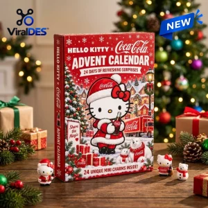 Front view of a red Hello Kitty x Coca-Cola advent calendar featuring winter scenery and 24 mini charms inside.