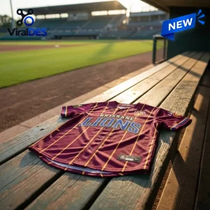 Maroon Brisbane Lions baseball jersey resting on a wooden dugout bench.