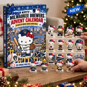 Front view of Hello Kitty x Milwaukee Brewers 2026 Advent Calendar box alongside displayed mini figures.