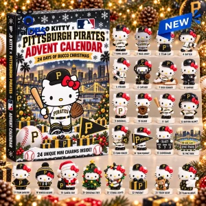 Front view of Hello Kitty x Pittsburgh Pirates Advent Calendar box and twenty four mini figures.