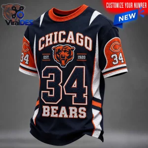 Front view of an NFL Chicago Bears 34 custom name shirt in navy blue and orange.