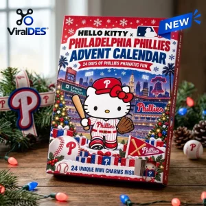 Front view of a Hello Kitty Philadelphia Phillies advent calendar with holiday decorations and baseball imagery.