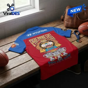Back view of Brisbane Lions 2026 Premiers Polo Shirt resting on a wooden bench.