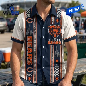 Front view of a Chicago Bears Skyline Button Down Hawaiian Shirt featuring team logos and cityscape graphics on cream panels.