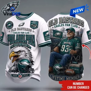 Philadelphia Eagles Old Bastards Mascot T-Shirt with white base, eagle illustration, and veteran fan graphics on front/back.
