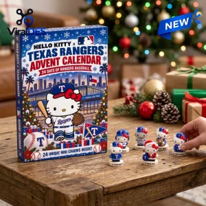 Front view of Hello Kitty x Texas Rangers 2026 Advent Calendar box with miniature figurines on a wooden table.