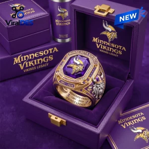 Close-up of the Minnesota Vikings 65th Anniversary Championship Ring displayed inside an open purple gift box.