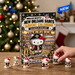 Front view of Hello Kitty x New Orleans Saints Advent Calendar box with six small character figurines on a wooden table.