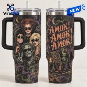Hocus Pocus Amok 40oz Stanley Tumbler featuring the Sanderson Sisters, a black cat, spellbook, and text on a dark background.