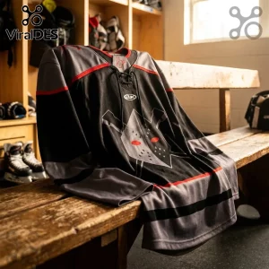 Wheeling Nailers ECHL Black Grey Alternate Hockey Jersey featuring a goal mask graphic on a wooden locker room bench.