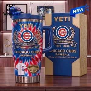 Front view of a Chicago Cubs 156th Anniversary tumbler with red and blue tie-dye patterns and team logos.