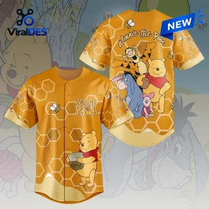 Winnie the Pooh Honeycomb Yellow Baseball Jersey featuring a repeating honey bee pattern, Winnie the Pooh, and Tigger.