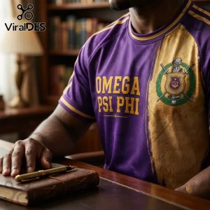Premium Omega Psi Phi Purple and Gold Shirt featuring fraternity crest and text on a person in a library setting.