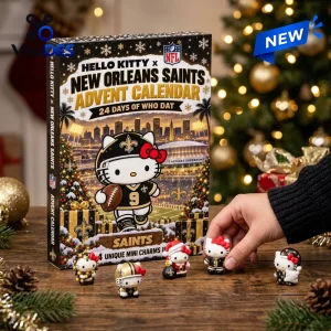Front view of a Hello Kitty x New Orleans Saints Advent Calendar box with miniature collectible character figurines.