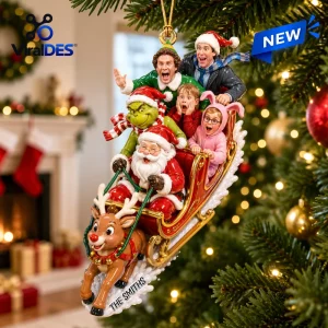 Personalized Movie Character Sleigh Christmas Ornament featuring Buddy the Elf, Grinch, Santa, and Ralphie in a red sleigh.