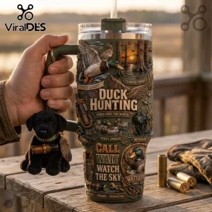 Duck Hunting Flooded Timber 40oz Handle Tumbler featuring raised relief art of mallards, a black lab, and marsh scenery.